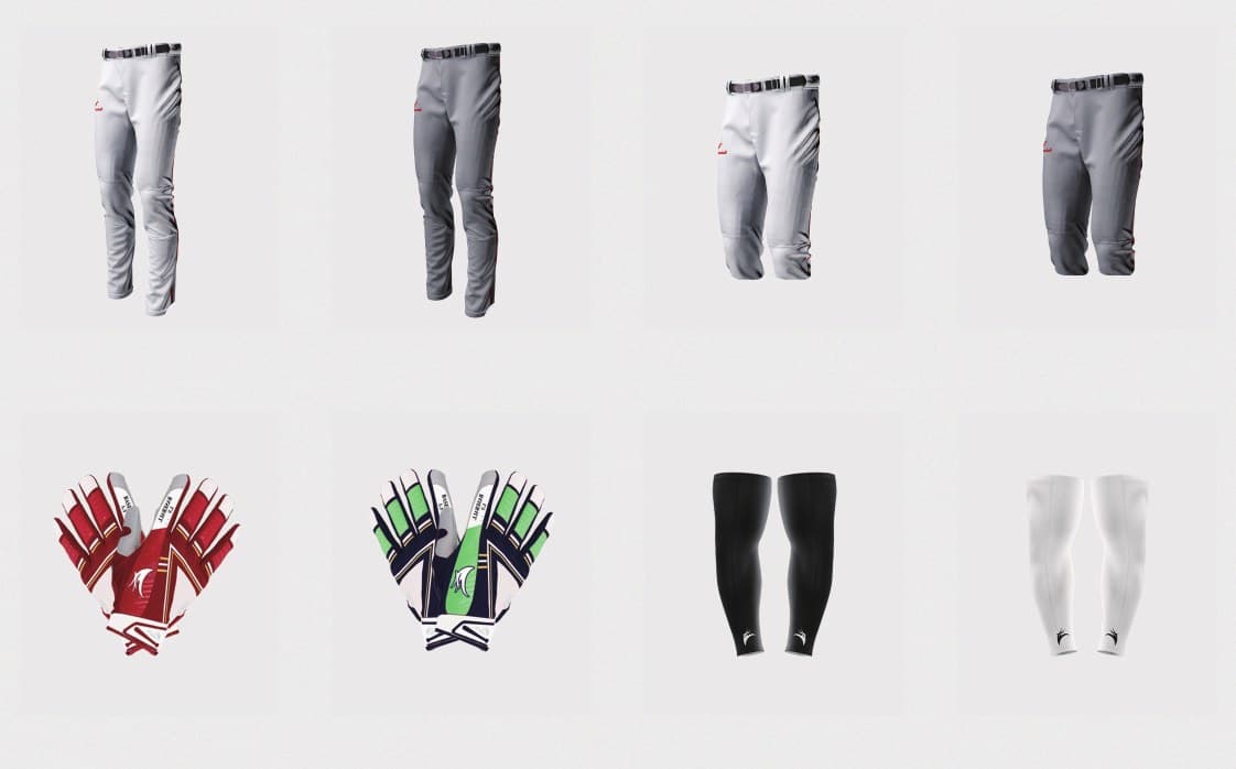 Baseball pants, batting gloves, and arm sleeves